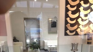 Een moderne lobby met een stenen open haard, witte meubels en een decoratieve wand met silhouetten van vogels.
