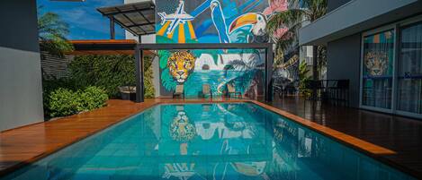 Outdoor pool, sun loungers