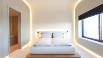 A modern bedroom with a bed centered on a platform, a large window on one side, and a shower area on the other.