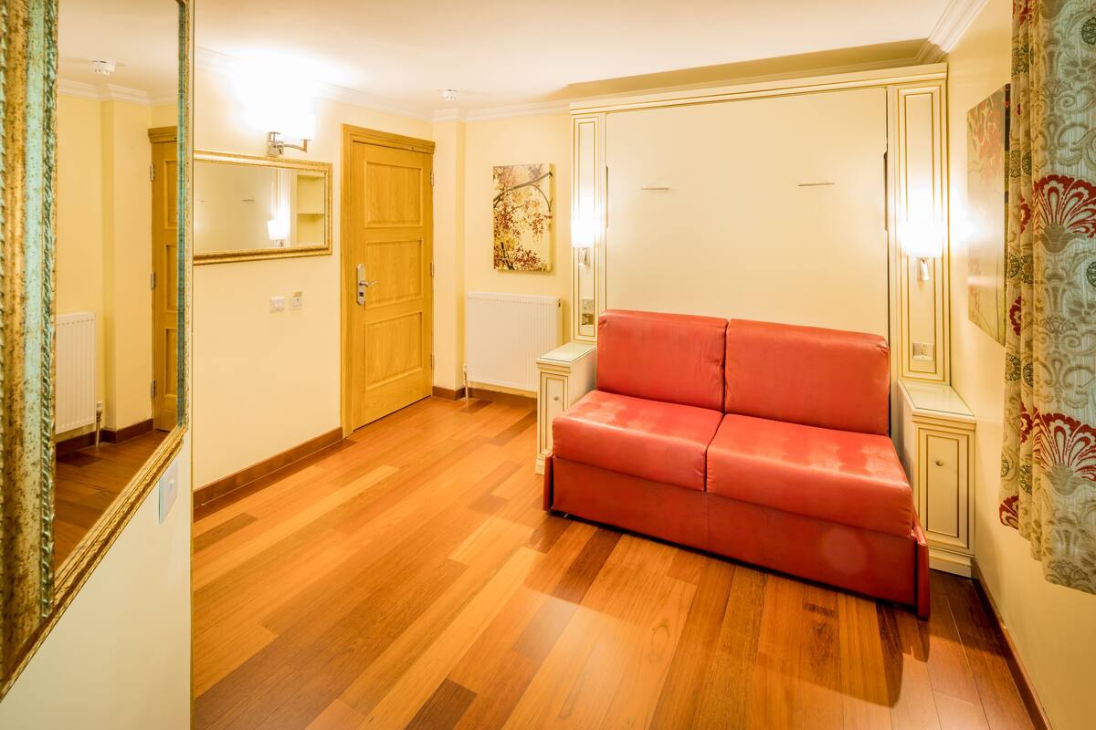A room with a wooden floor, a red sofa, a wooden door, and a radiator.