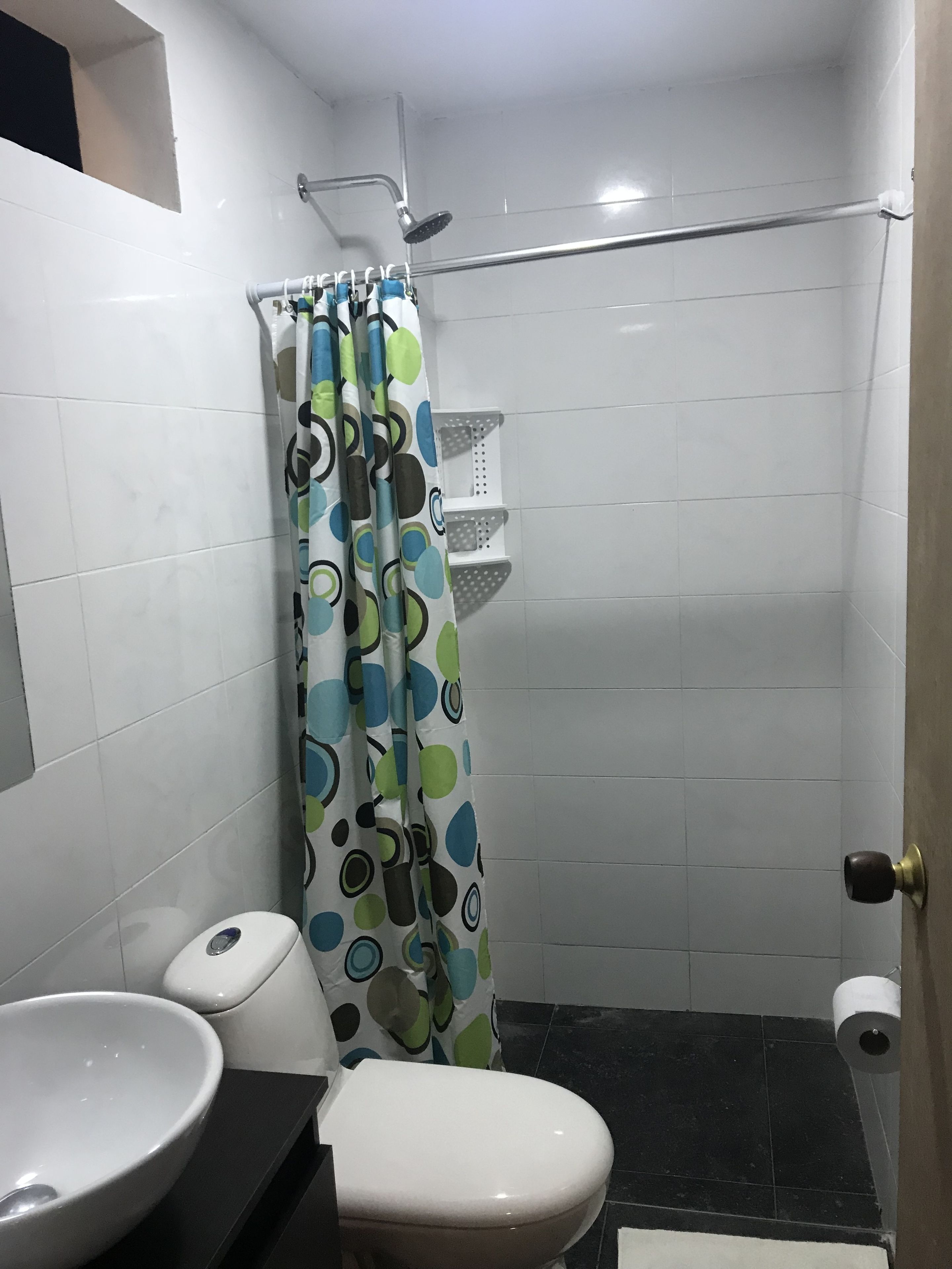 Un baño pequeño con inodoro, lavabo, ducha y un perchero para toallas.