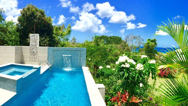 A swimming pool with a clear blue water feature, surrounded by lush greenery and a view of the ocean. - La Porta Della Casa (Prospect)