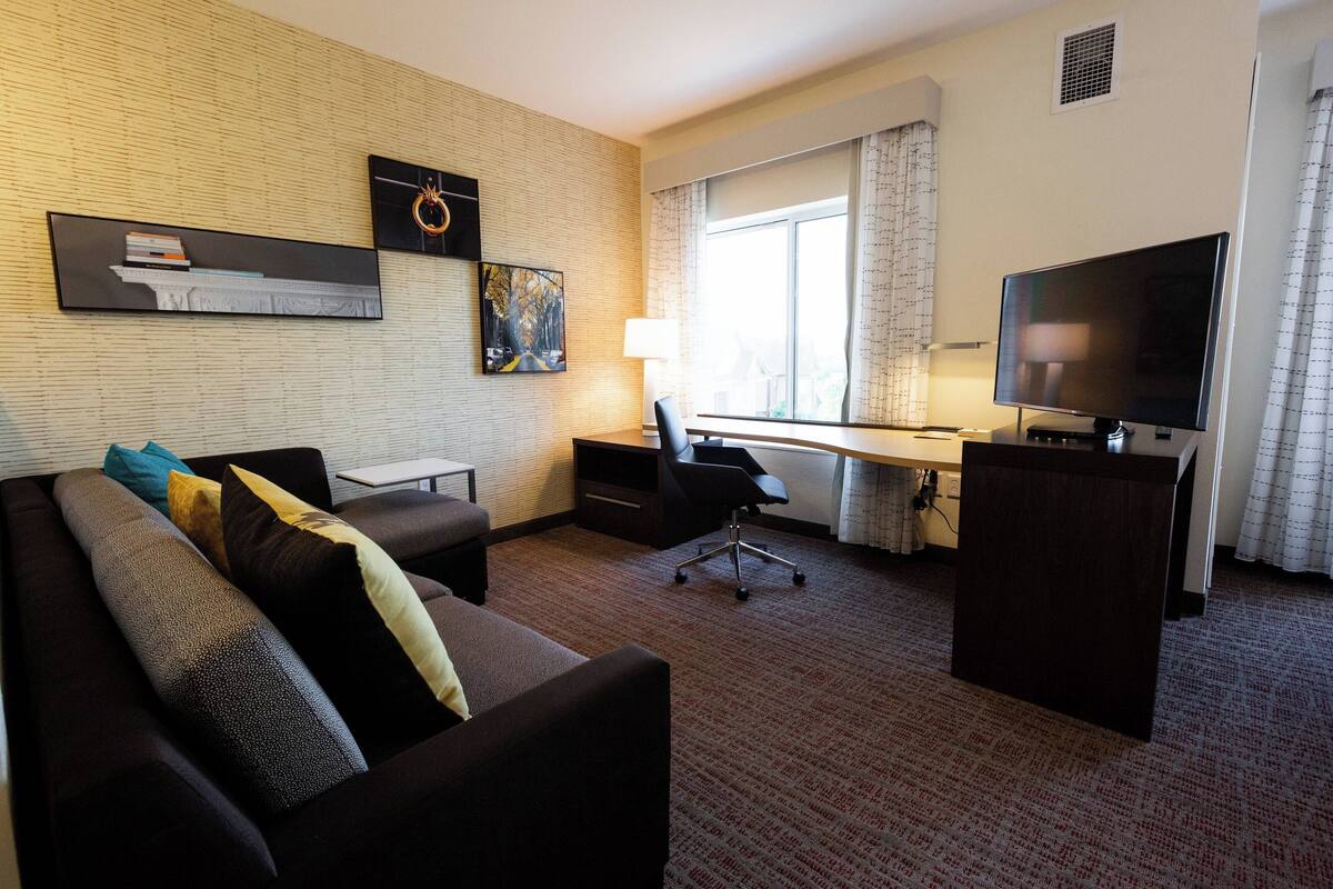 Habitación de hotel con un sofá de color oscuro, un escritorio con una silla, un televisor y una ventana con cortinas.