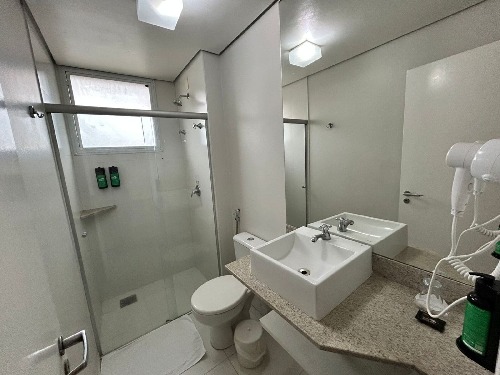 A modern bathroom with a glass shower enclosure, a toilet, a sink with a mirror, and a hairdryer on the countertop.