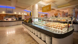 A buffet area with a variety of food options, including a salad bar and a local evening section. - Grupotel Tres Vidas (San Bartolomé de Tirajana)