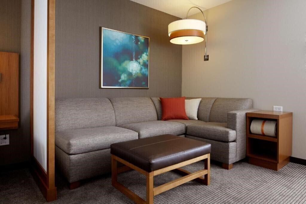 A modern living room with a grey sectional sofa, a brown leather ottoman, a wooden side table, and a wall-mounted abstract painting.