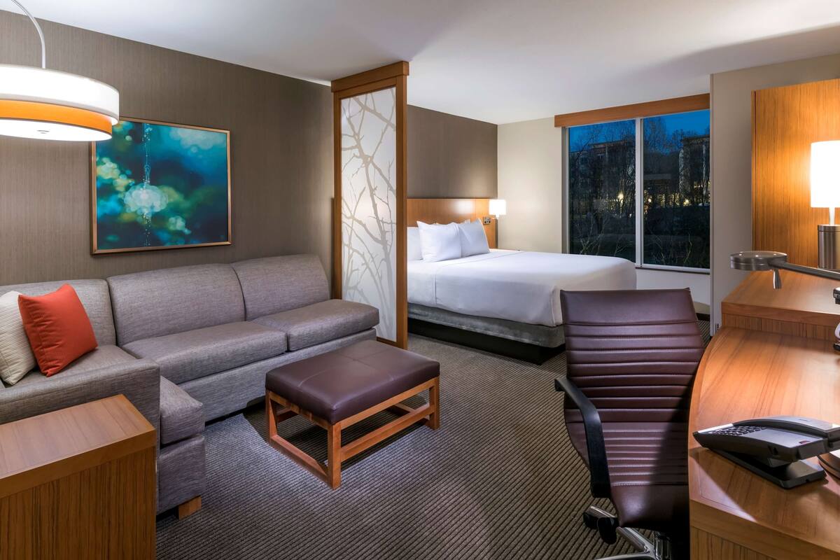 Una habitación de hotel con una cama, un sofá, un escritorio y una silla.