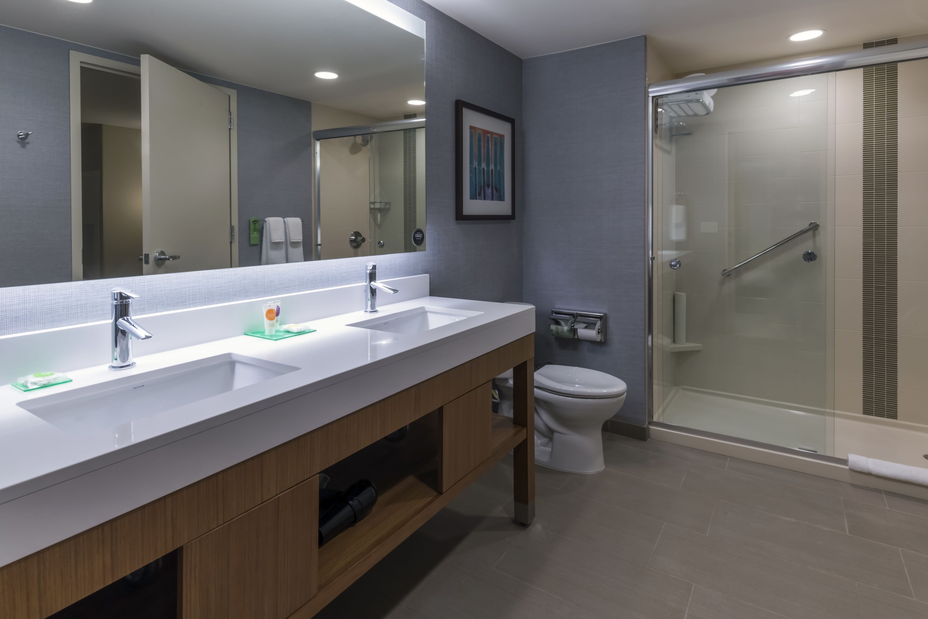 designer toiletries, hair dryer, towels