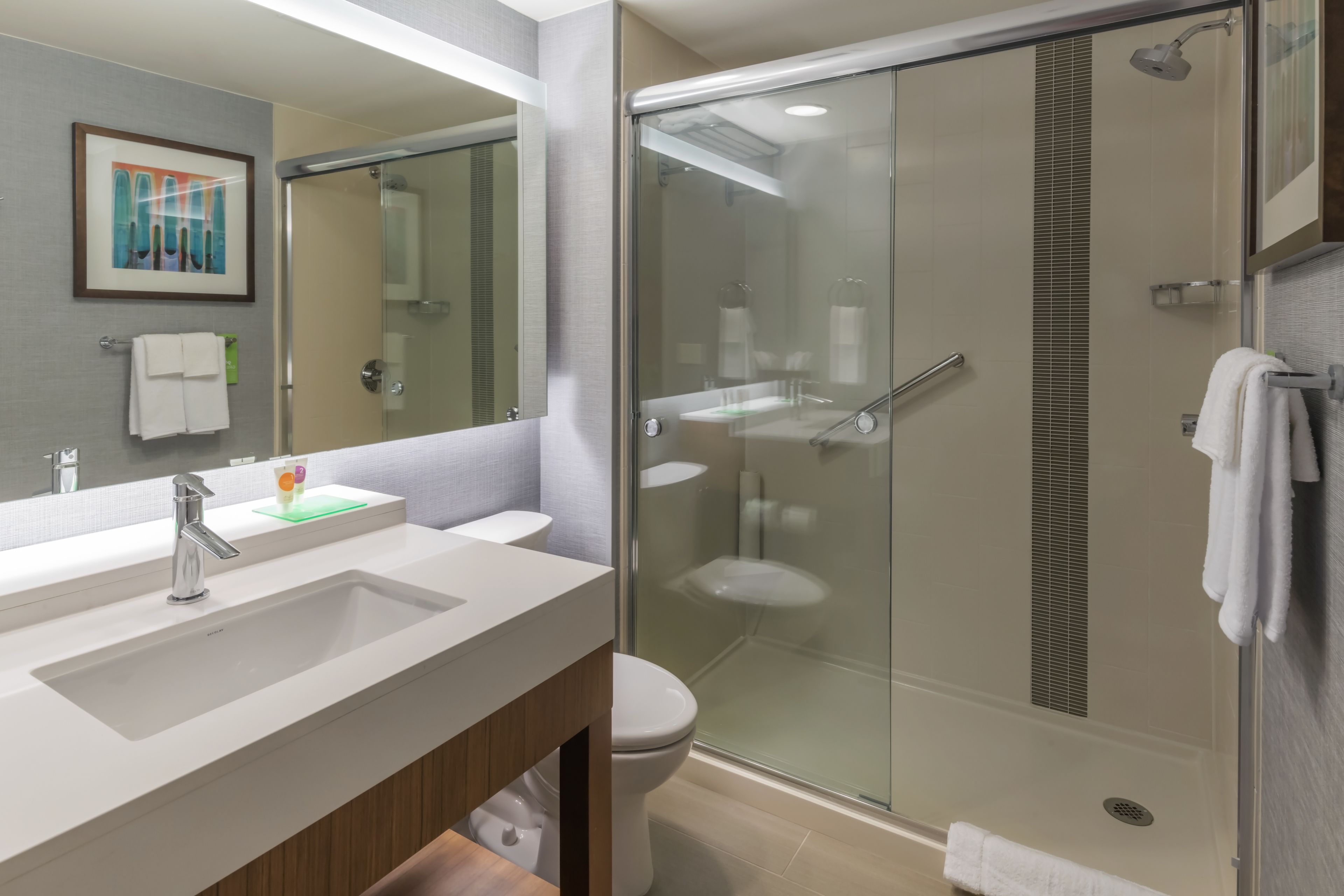 designer toiletries, hair dryer, towels