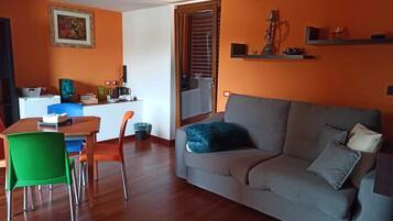 A living room with a grey sofa, a green chair, a dining table, and a kitchen area in the background.