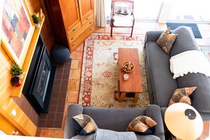 Smart TV, fireplace, DVD player, books