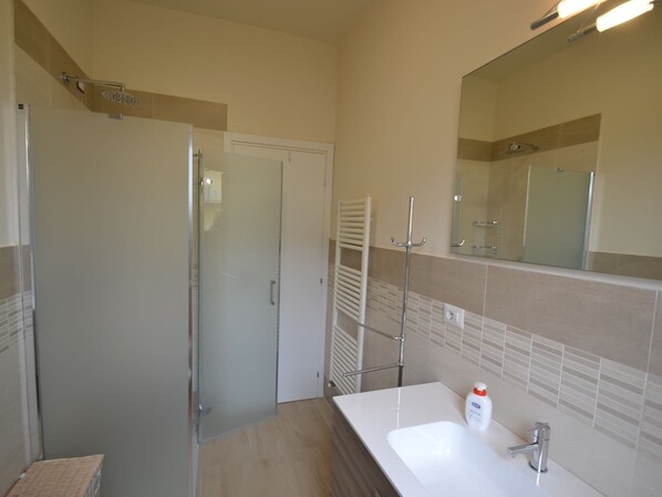 A modern bathroom with a glass shower door, a white sink, a mirror, and a towel rack.