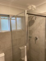 A bathroom with a glass-enclosed shower, a toilet, and a window.