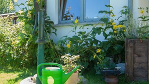 A garden with a green watering can, a potted plant, and a wooden fence. - Beautiful, spacious apartment at the gates of the Hanseatic city of Rostock  (Lambrechtshagen)