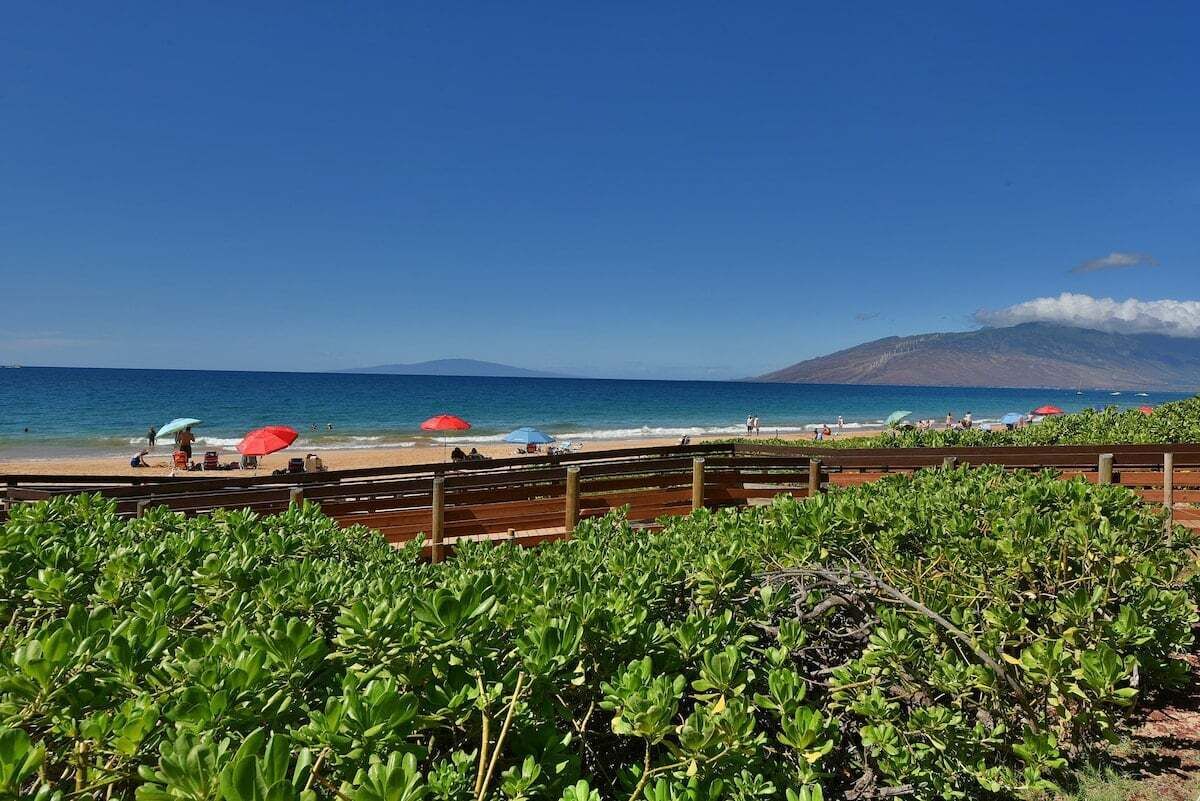 Una playa con una cerca de madera, sombrillas y una montaña al fondo.