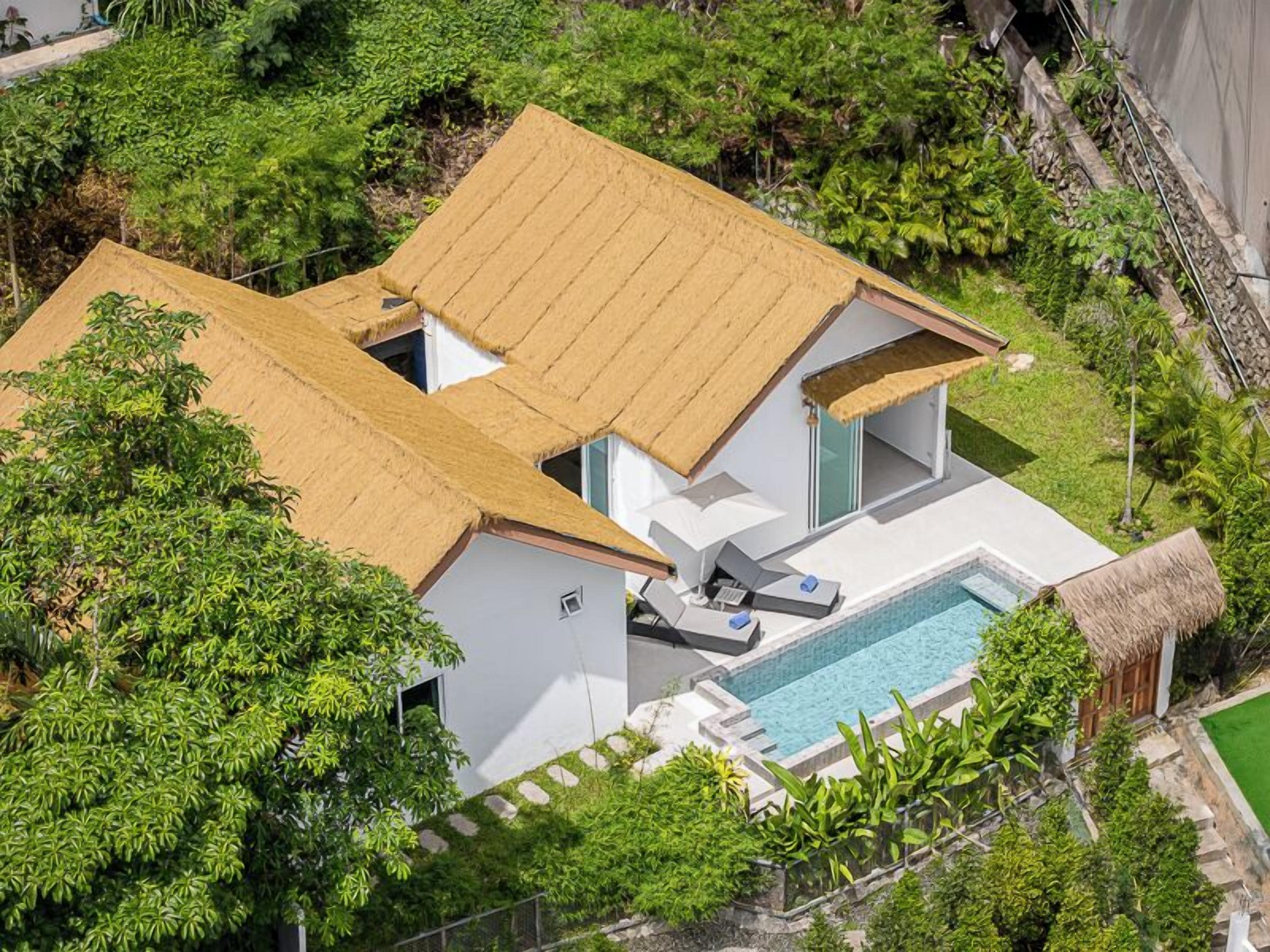 A modern house with a pool, surrounded by lush greenery.