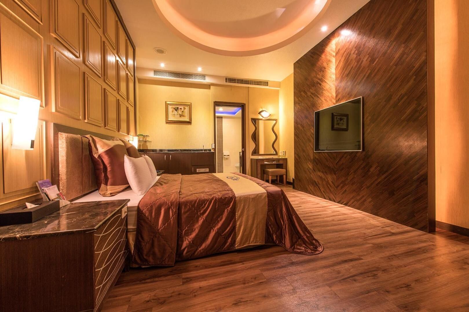 desk, blackout curtains, soundproofing, rollaway beds