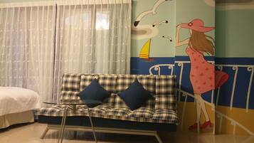 Desk, blackout drapes, soundproofing, rollaway beds