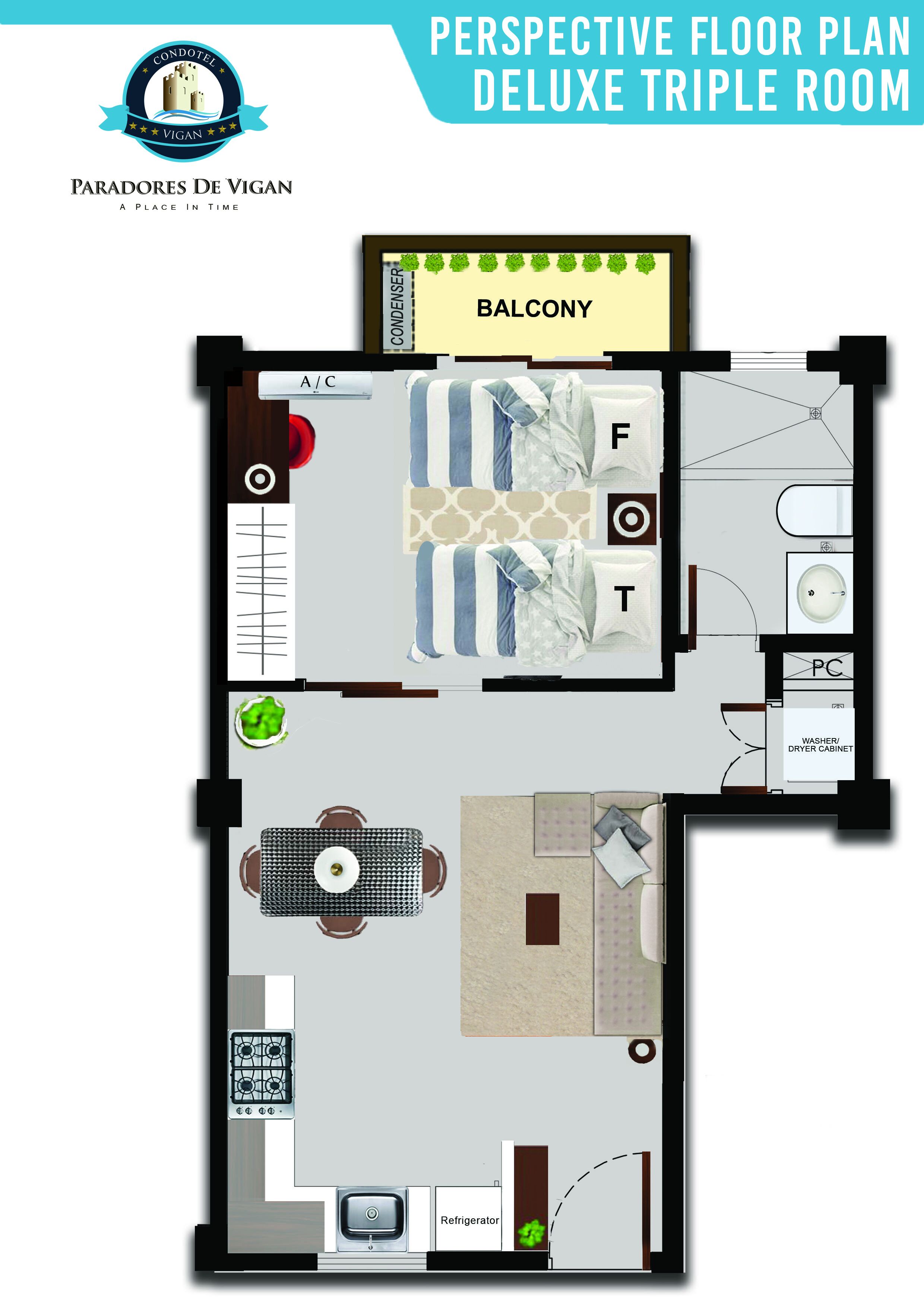 Plan d'étage d'une chambre triple de luxe avec balcon, kitchenette, salle de bain et coin repas.
