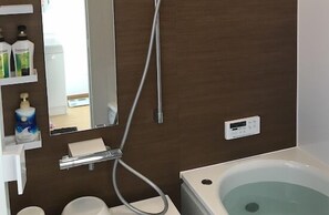 Combined shower/bathtub, deep-soaking bathtub, free toiletries