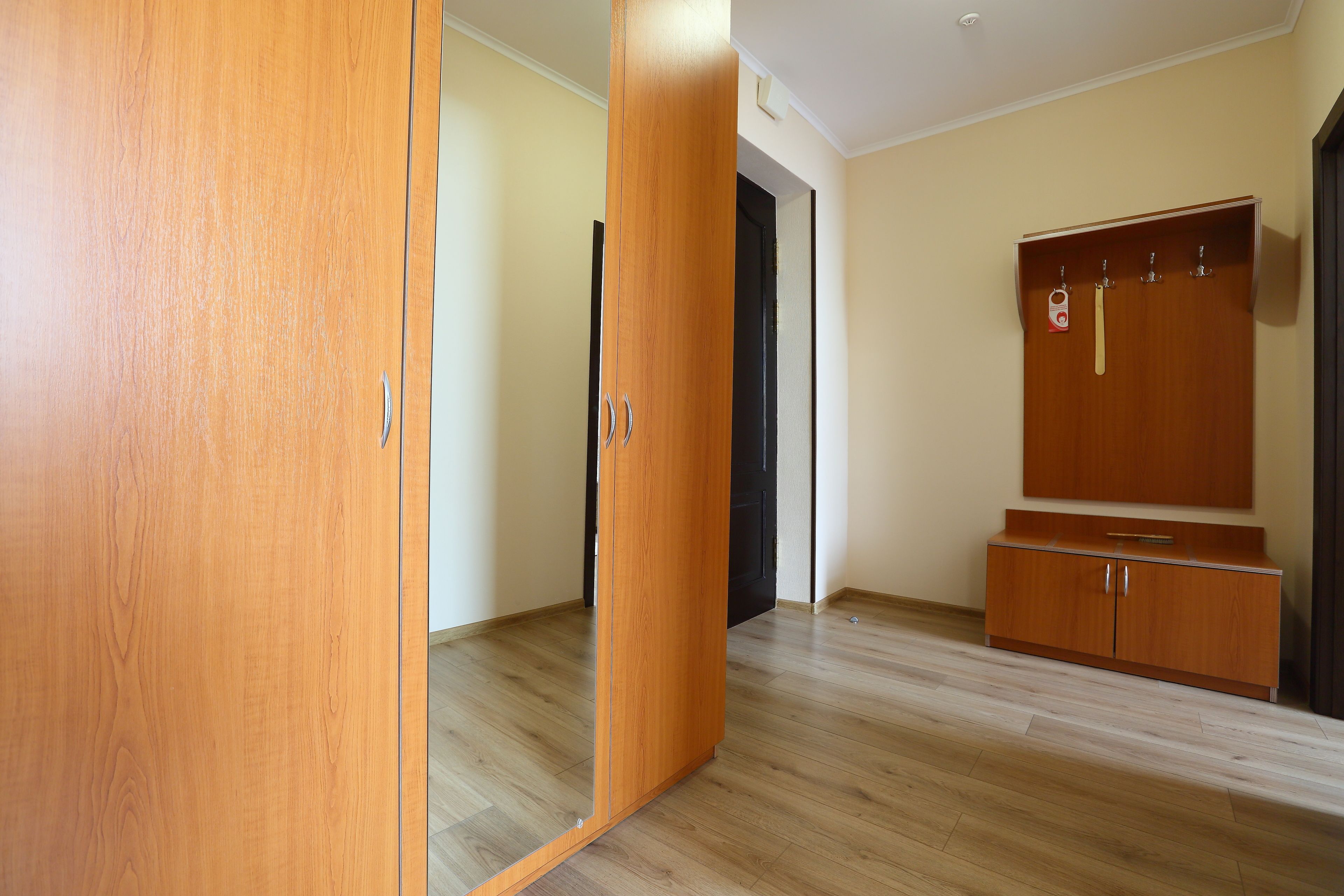 Una habitación con un armario de madera, un aparador de madera y una puerta.