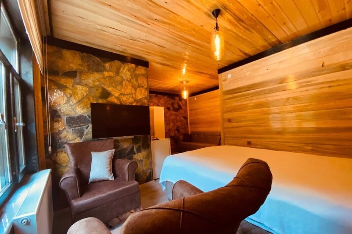 A cozy room with a bed, a stone wall, a fireplace, and a television.