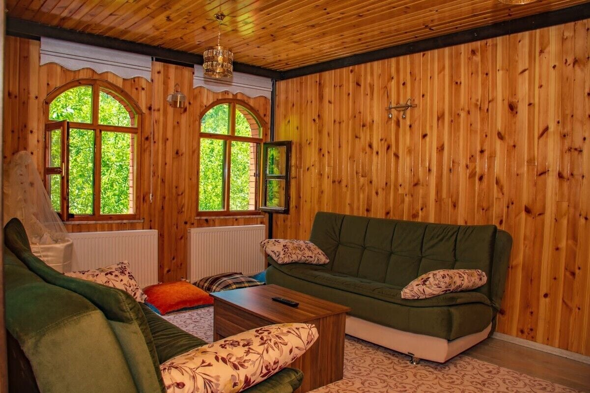 Une pièce chaleureuse avec des murs en bois, un canapé vert, une table basse en bois et deux fenêtres en arc surmontées de cadres blancs.