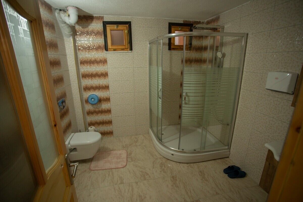 A bathroom with a glass shower enclosure, a toilet, and a pink bath mat.
