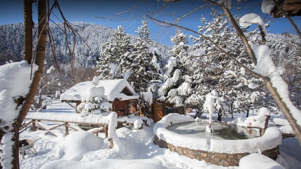 A snow-covered wooden cabin with a stone fountain in the foreground. - Abant Yeşil Vadi (Bolu)