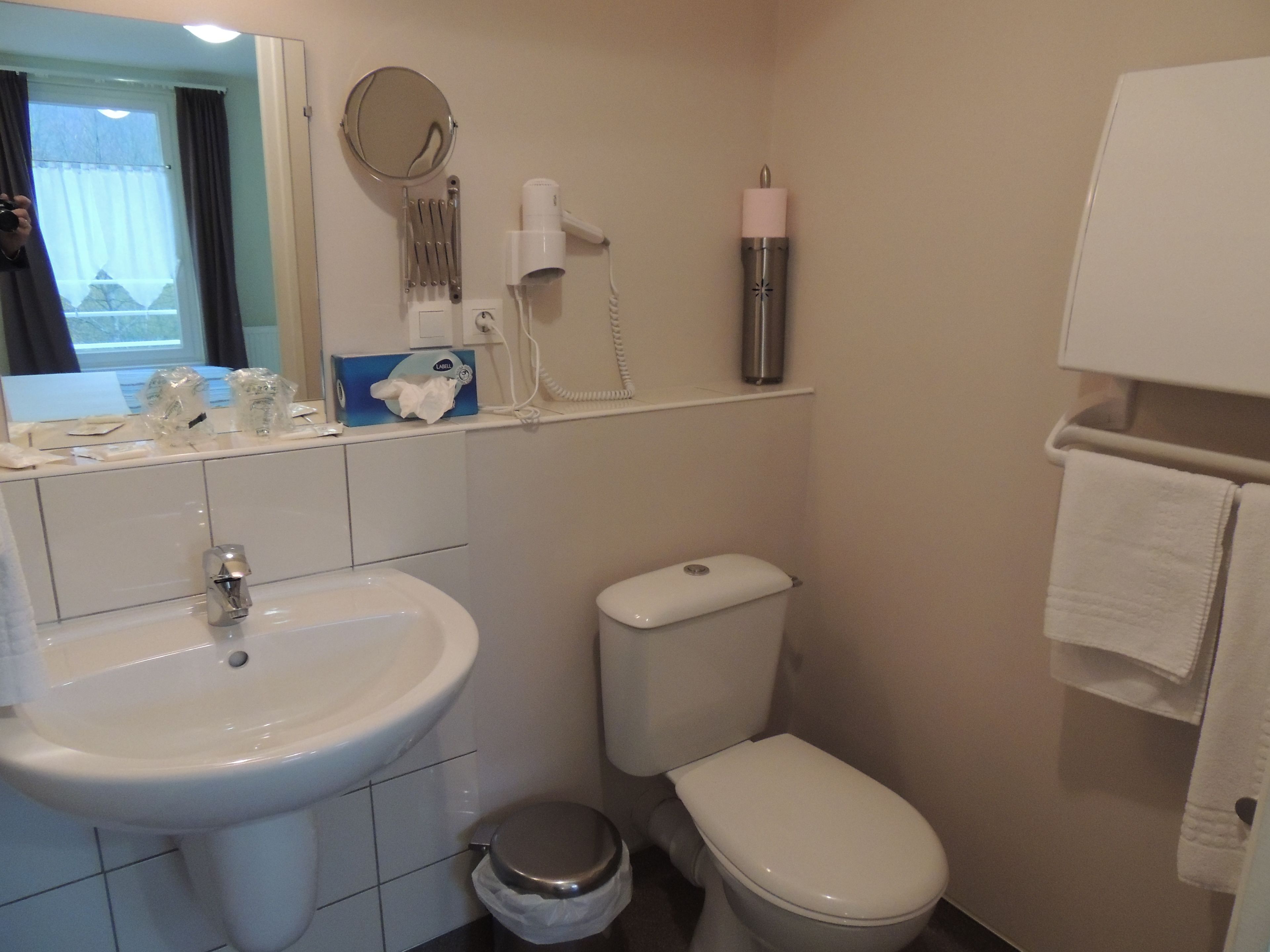 Une salle de bain avec un lavabo, des toilettes et un miroir.