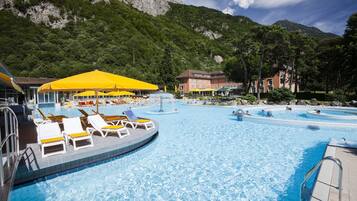 Indoor pool, outdoor pool, pool loungers