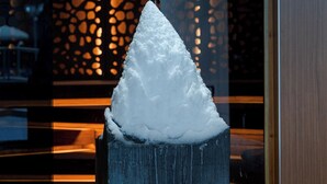 A snow sculpture in a modern indoor setting with a geometric wall pattern and a glass door.