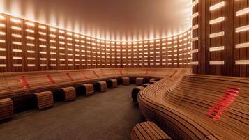 A modern interior with curved wooden seating and illuminated panels.