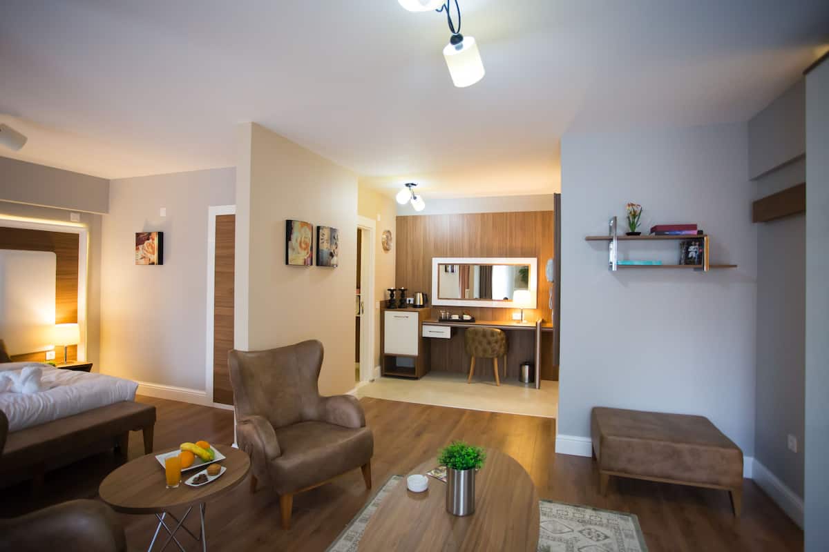 A modern hotel room with a bed, a sofa, a small table with fruit, a coffee table with a plant, a kitchenette, and a bathroom visible through an open door.