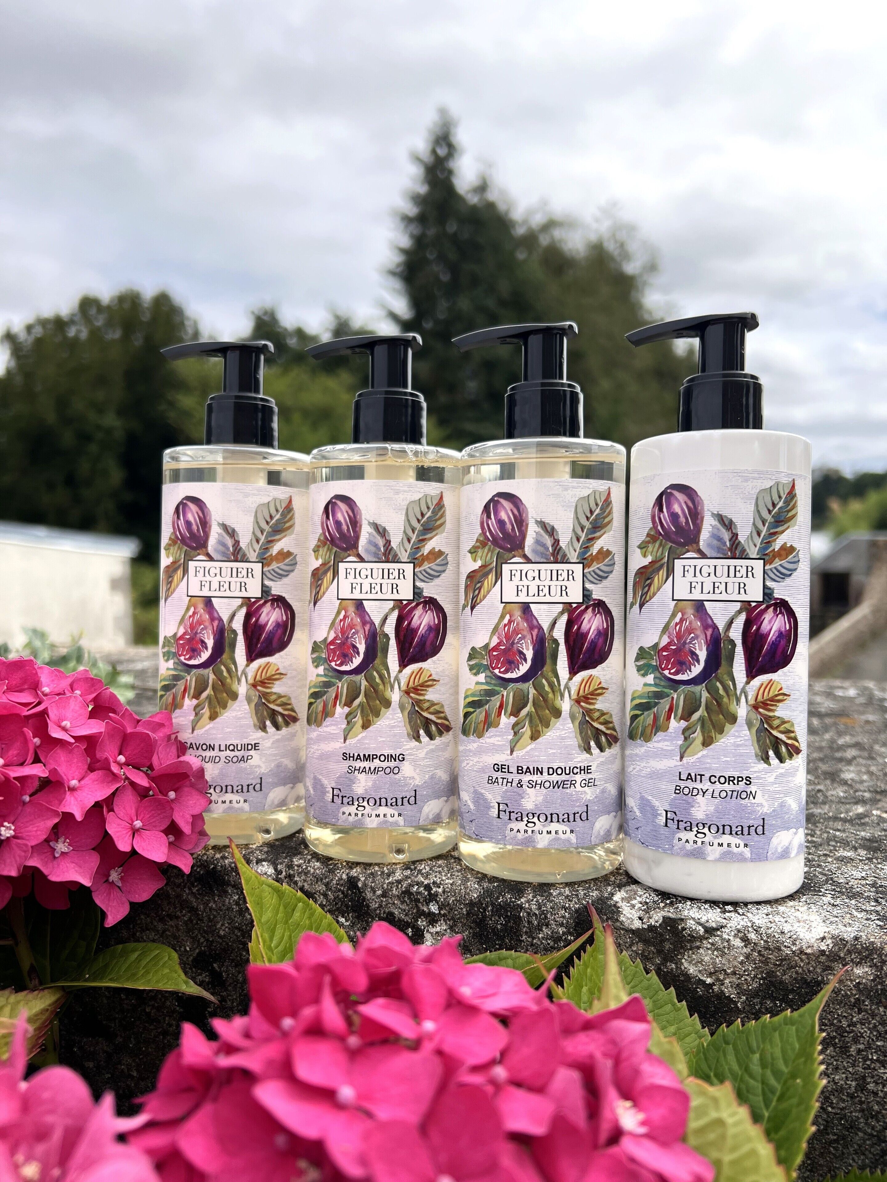 Cuatro botellas de productos para el cuidado corporal Figuiér Fleur sobre una superficie de piedra, con flores rosas en primer plano.