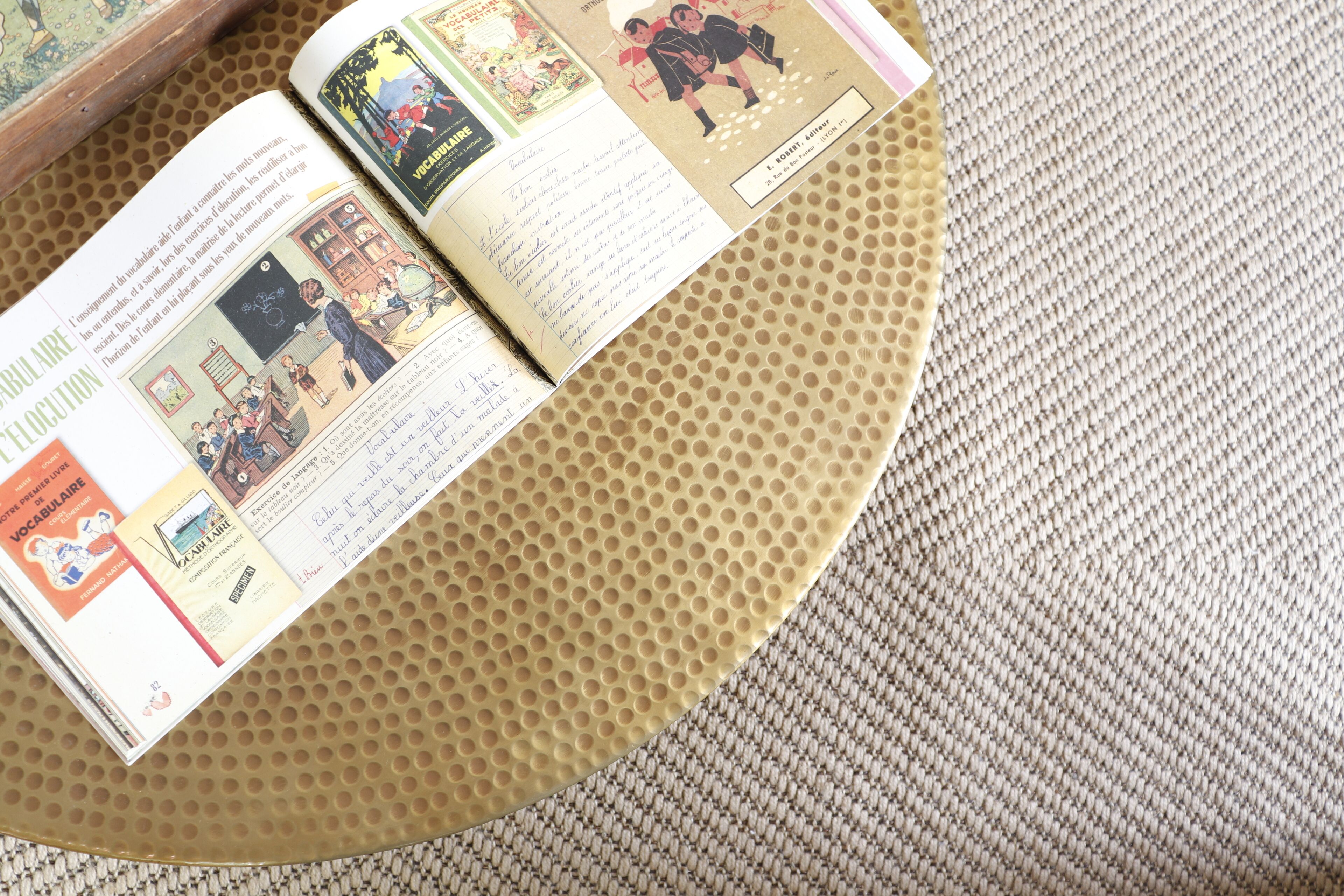 An open book with text and illustrations on a textured surface.