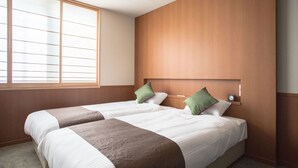 A hotel room with two beds, a large window, and a wooden accent wall. - No6 Nijo (Kyoto)