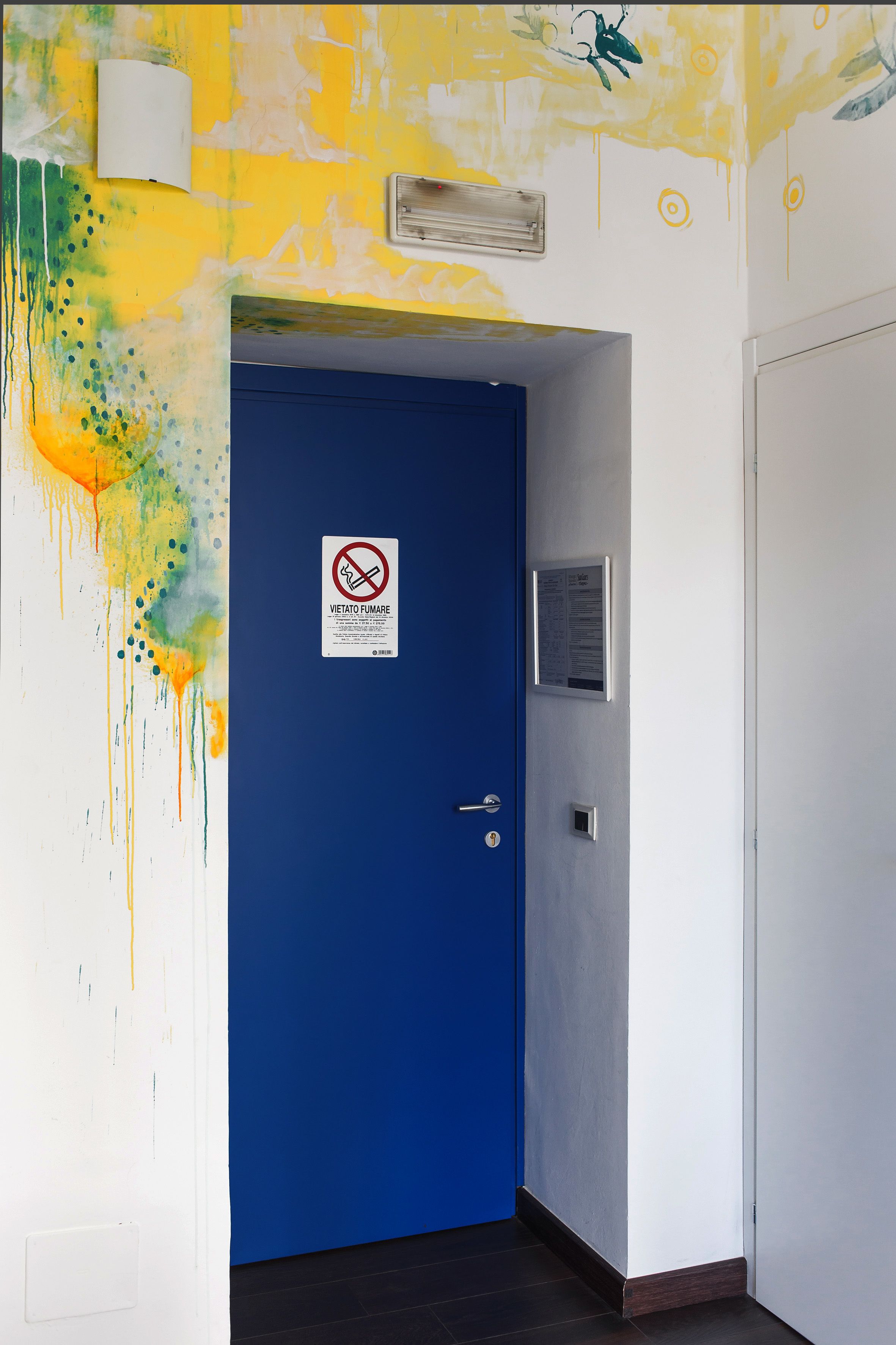 Una puerta azul con un cartel de prohibido fumar, una unidad de aire acondicionado en la pared y un pequeño cuadro eléctrico.