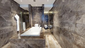Royal Suite, 1 King Bed | Bathroom | Deep-soaking bathtub, free toiletries, hair dryer, bathrobes - The Hotel Galleria Jeddah, Curio Collection by Hilton (Jeddah)