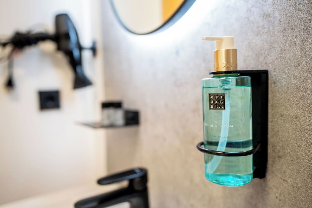 free toiletries, hair dryer, towels, soap