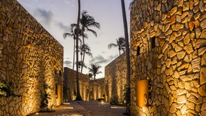 A stone-walled corridor with palm trees, a pathway, and a wall-mounted light fixture. - Pedras Do Patacho Hotel Boutique Experience (Porto de Pedras)