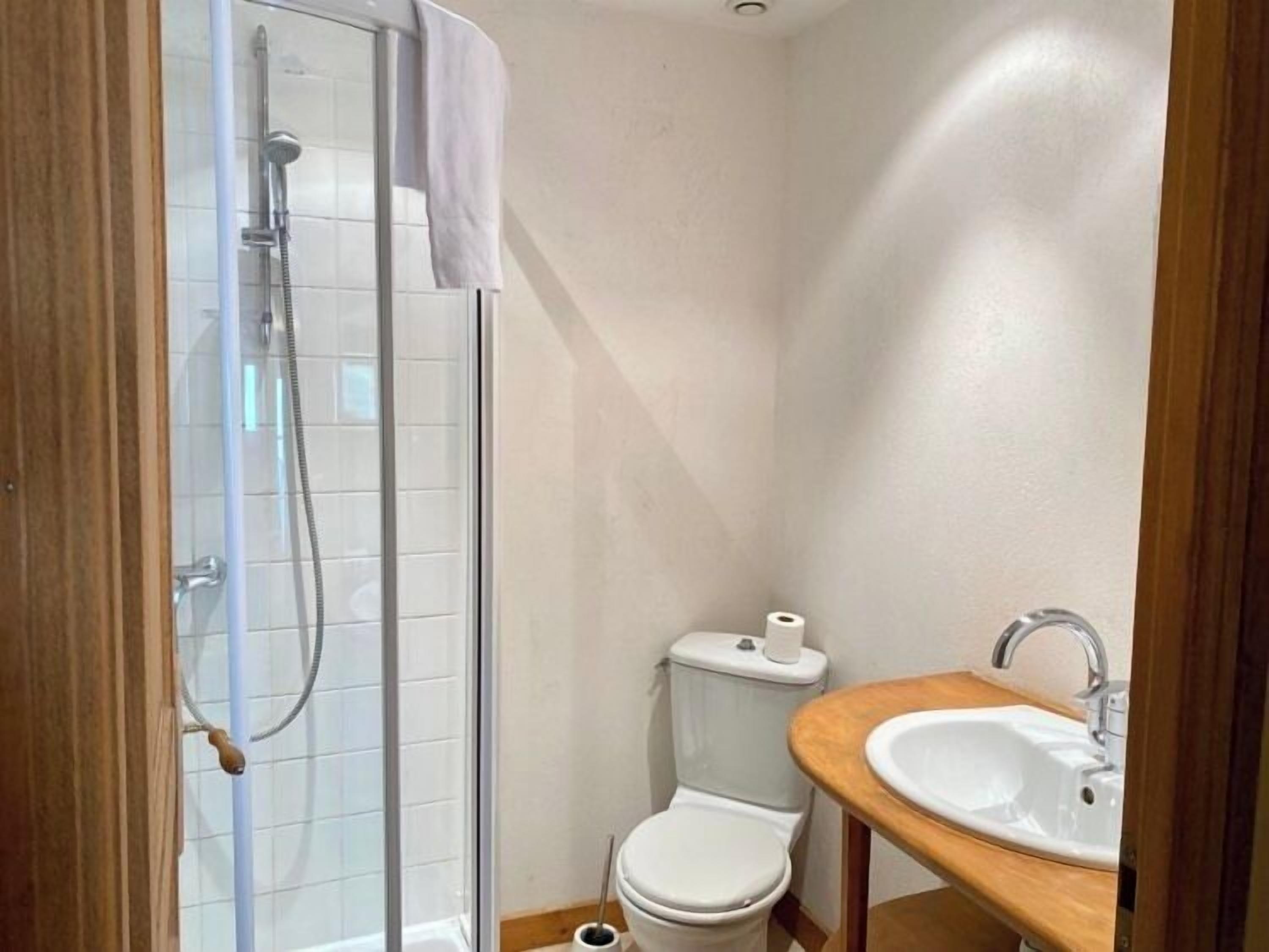 Un bagno piccolo con doccia vetrata, un water e un lavandino.