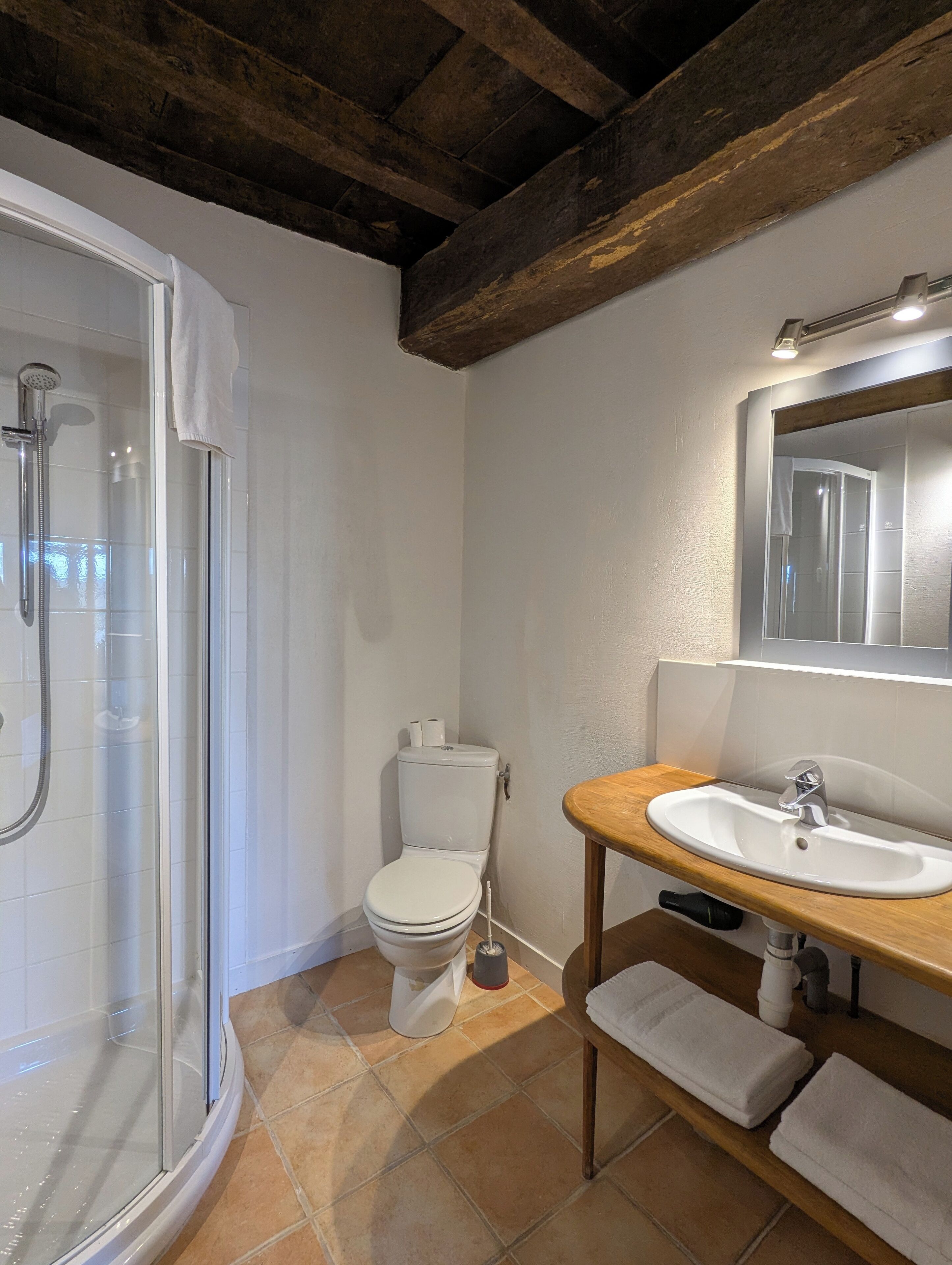 A bathroom with a glass-enclosed shower, a white toilet, a wooden vanity with a sink, and a mirror above the sink.