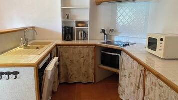 A compact kitchen with a sink, stove, microwave, and a small shelf with kitchenware.