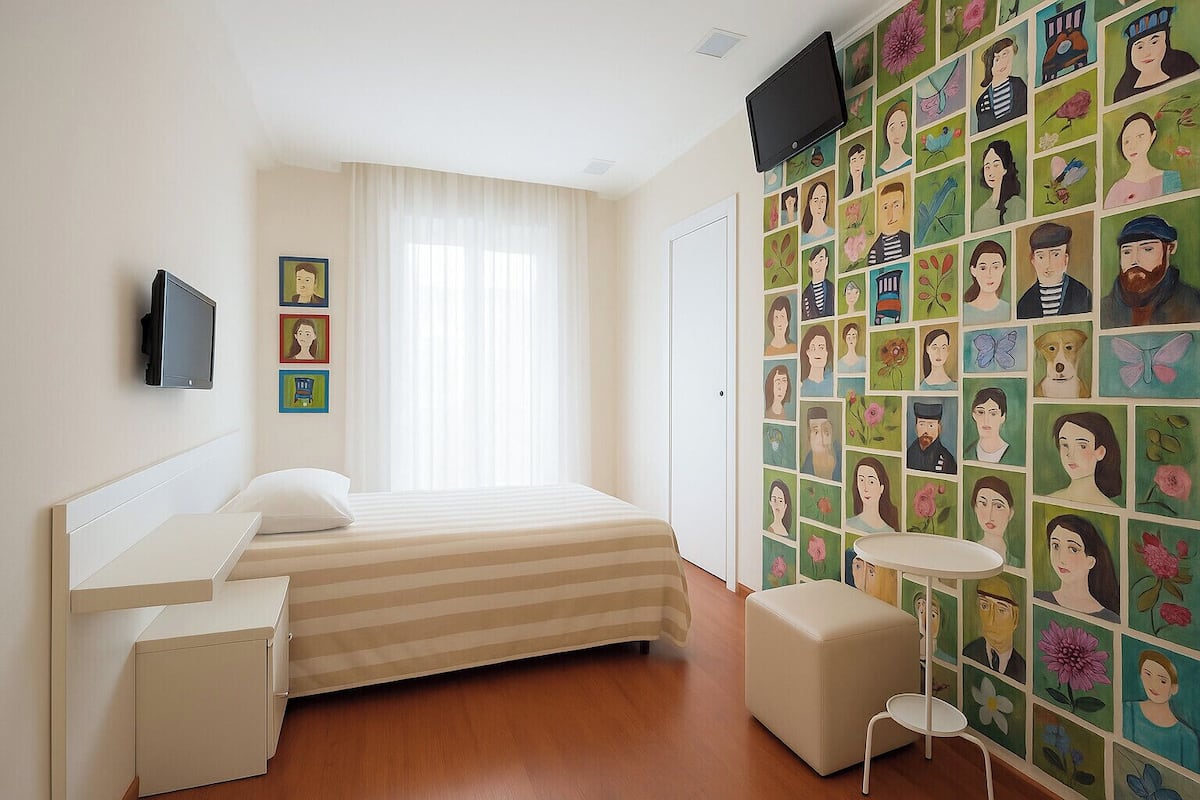 A hotel room with a bed, a bedside table, a small stool, a TV mounted on the wall, and a wall with a colorful mural.