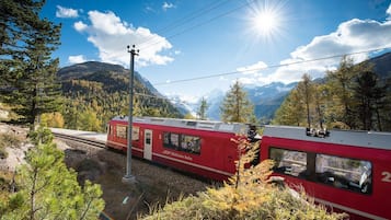 A red train with "Rheinfahrt Bahn" written on the side, traveling through a mountainous area with pine trees and a clear sky.