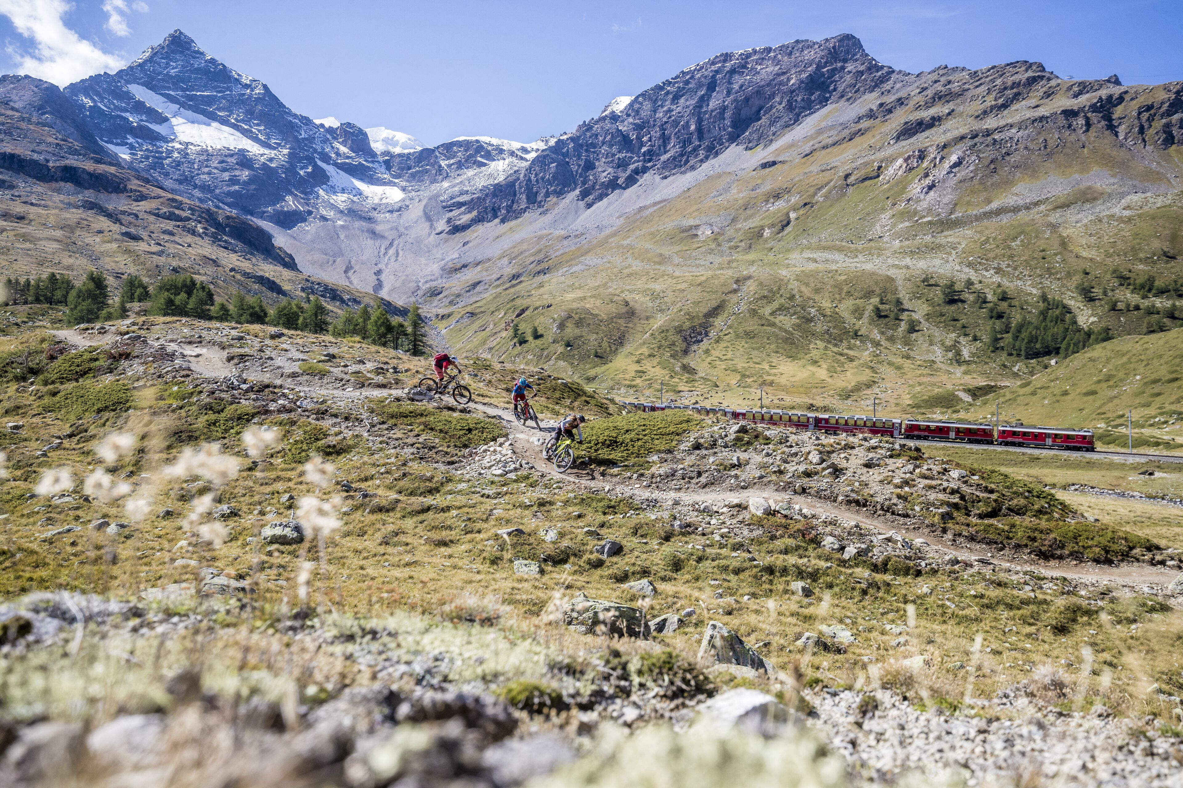 Un paysage montagneux avec un train en arrière-plan.
