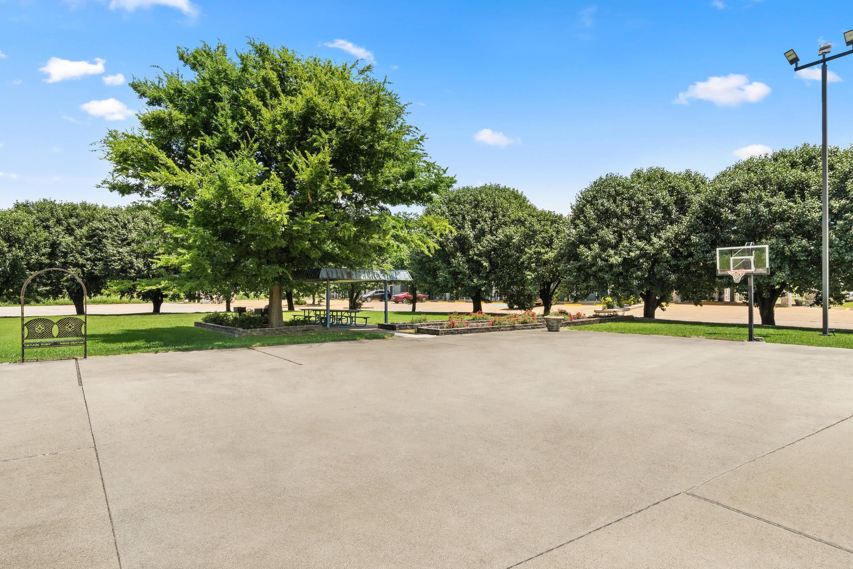 A basketball court with a hoop, surrounded by trees and a picnic area.