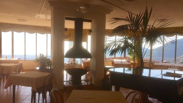 A restaurant with tables and chairs, a large potted plant, and a view of the sea through large windows. - Albergo San Carlo (Massa)