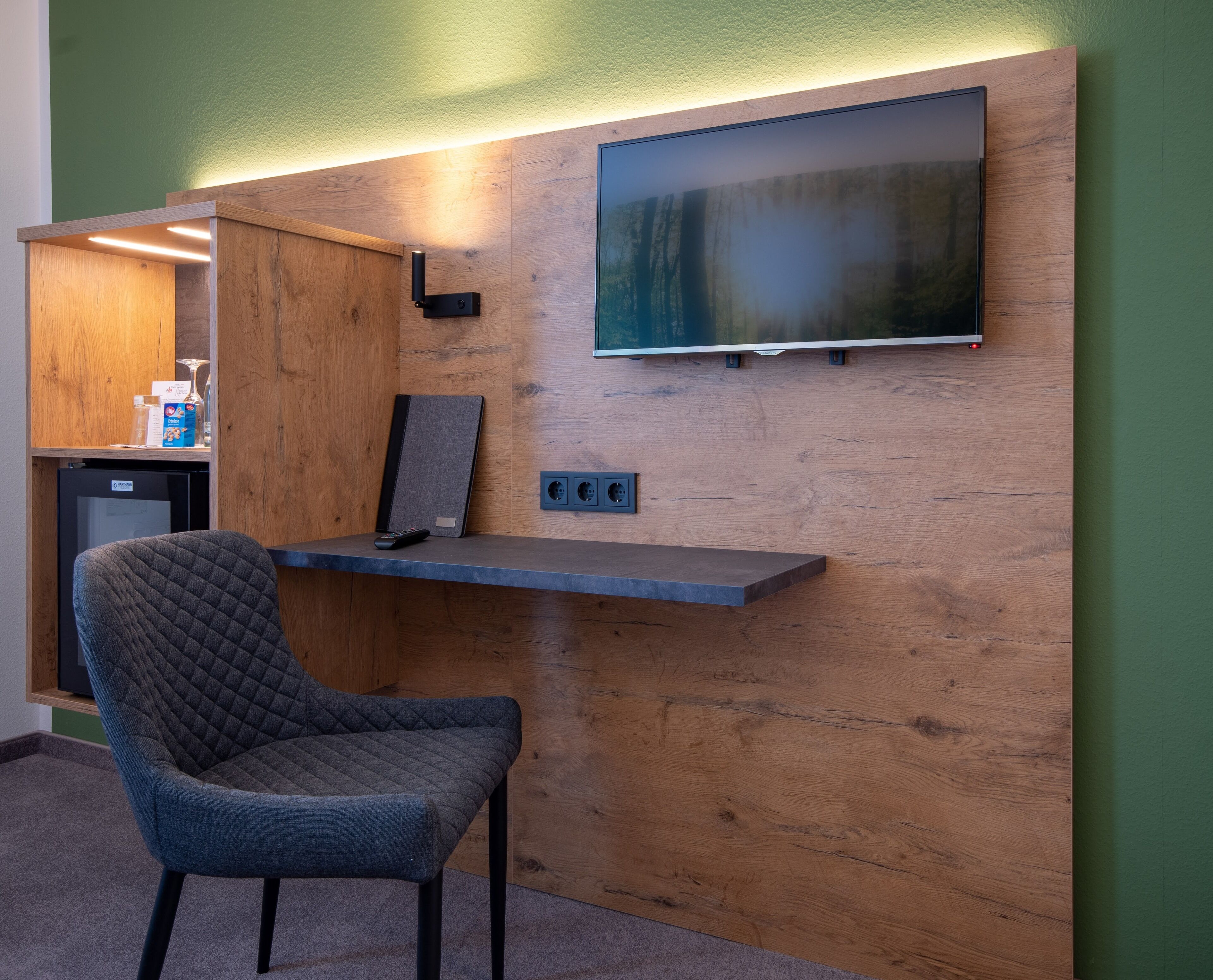 desk, laptop workspace, blackout curtains, iron/ironing board